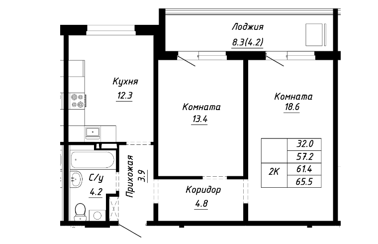 2-комнатная 61.4 м2 в ЖК undefined корпус null этаж 9
