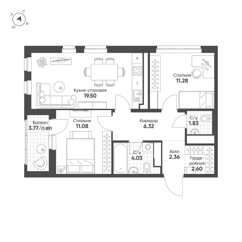 2-комнатная 60 м2 в ЖК Солнечный корпус null этаж 11