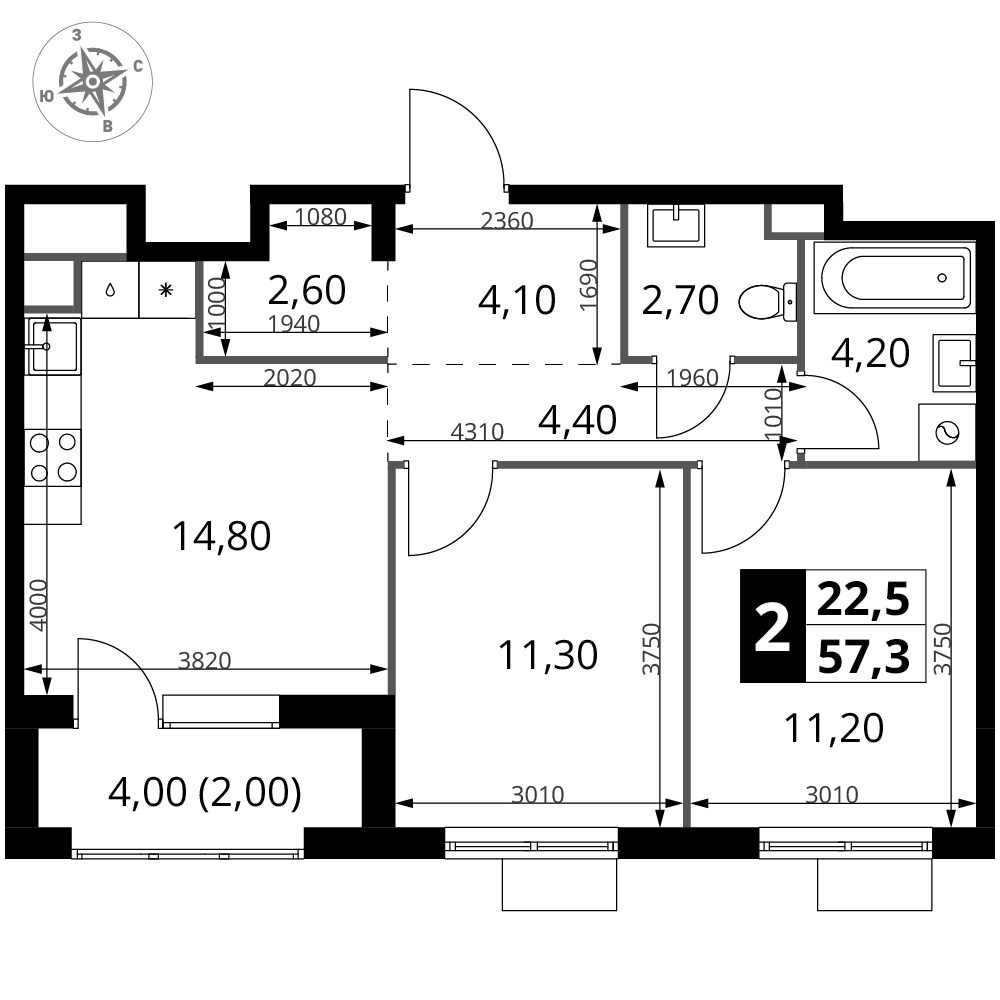 2-комнатная 57 м2 в ЖК 1-й Химкинский корпус null этаж 7