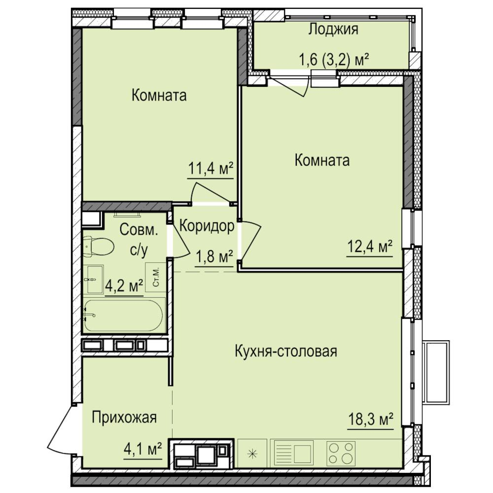 2-комнатная 53 м2 в ЖК Норвежский Лес корпус null этаж 7