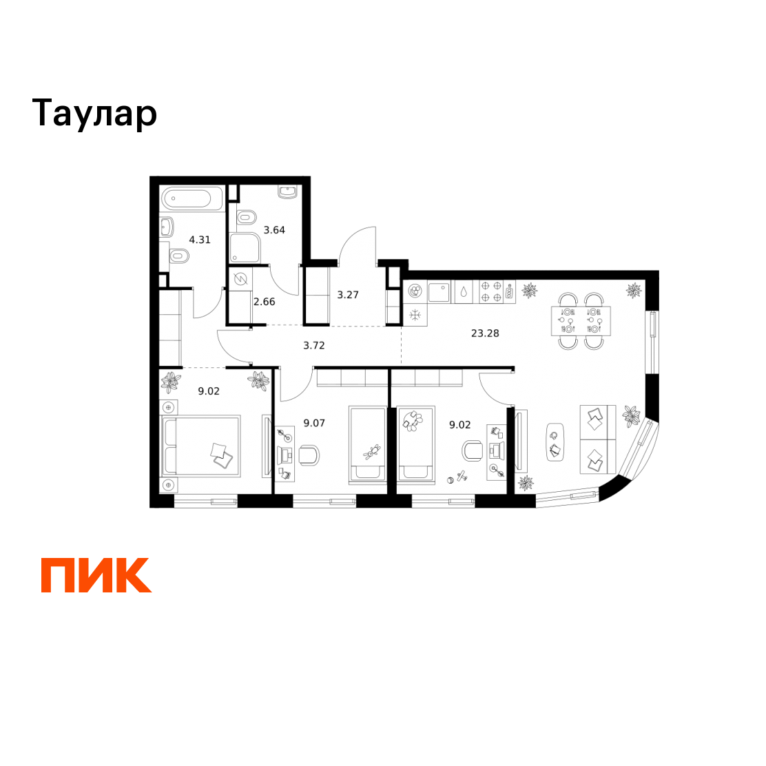 3-комнатная 71 м2 в ЖК Таулар корпус null этаж 11