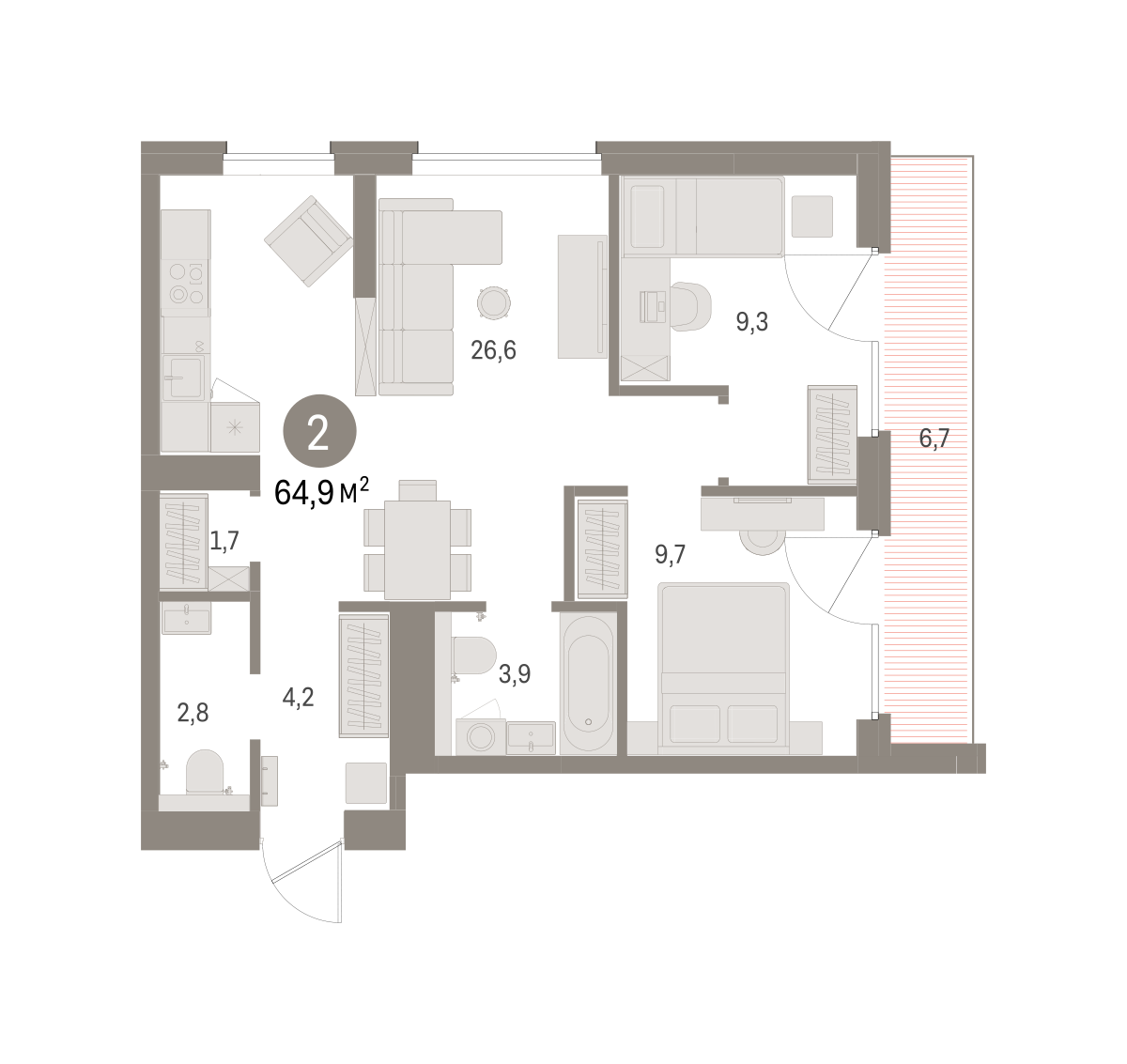 2-комнатная 65 м2 в ЖК Северный ветер корпус null этаж 8