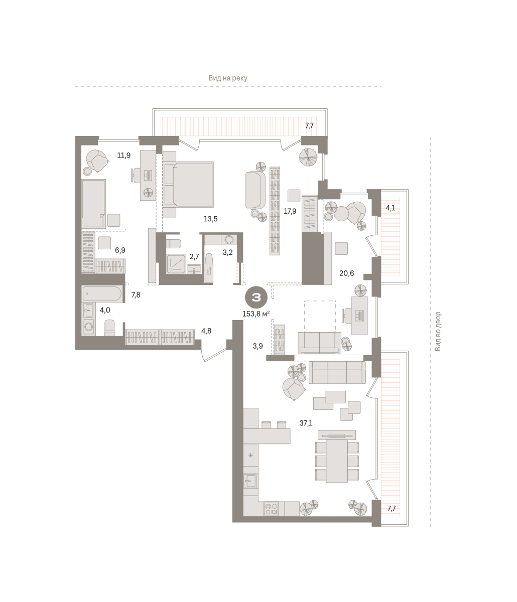 3-комнатная 153 м2 в ЖК Октябрьский на Туре корпус null этаж 25