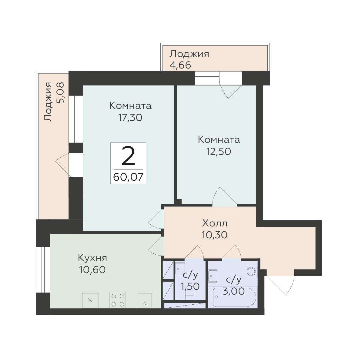 2-комнатная 60 м2 в ЖК Малаховский корпус null этаж 14