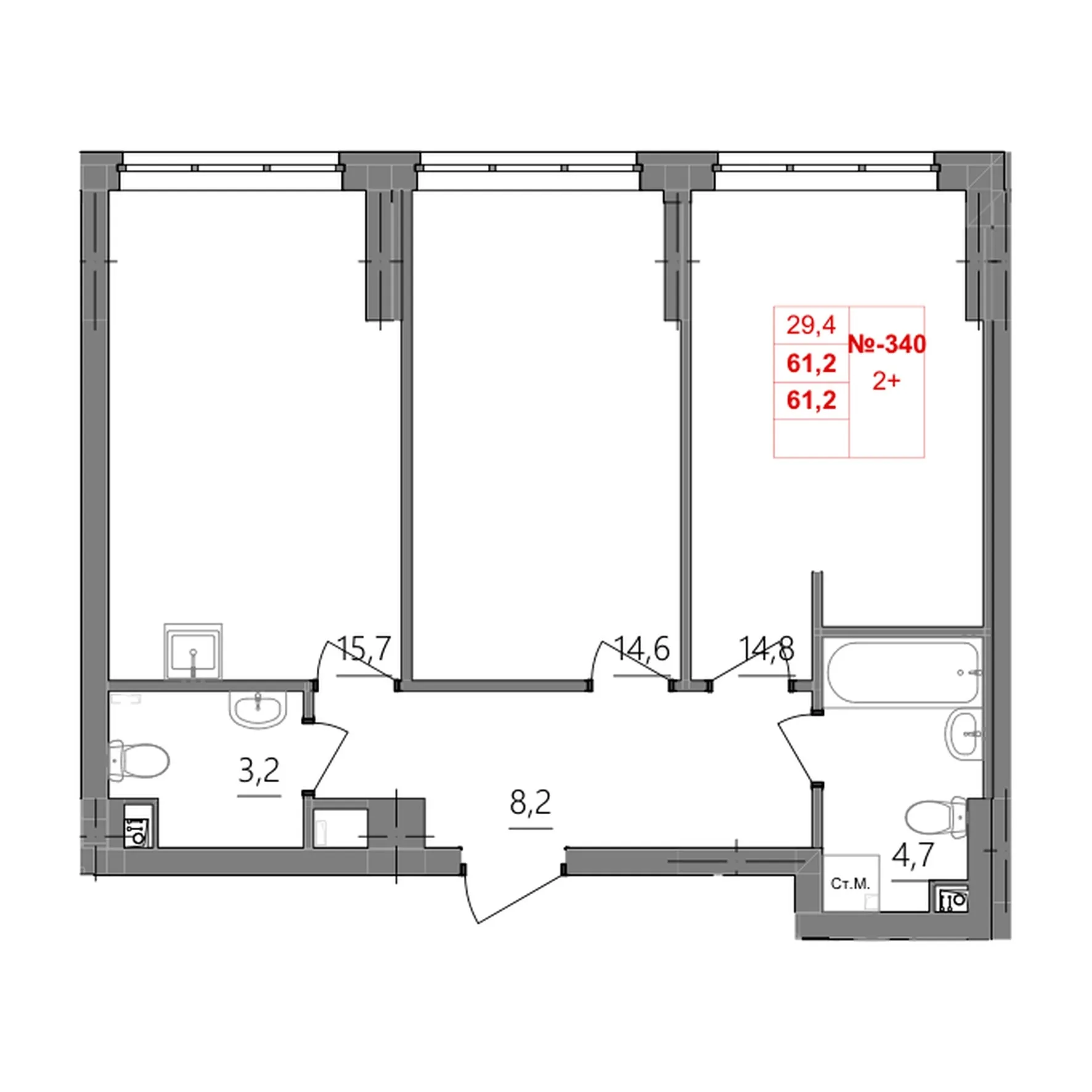 2-комнатная 61 м2 в ЖК Квартет корпус null этаж 2