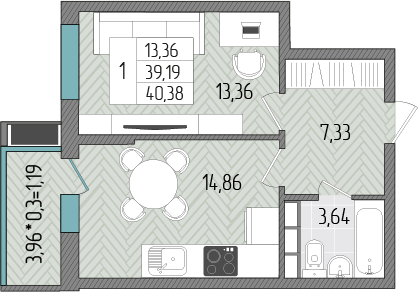 1-комнатная 40 м2 в ЖК Сады у моря корпус null этаж 7