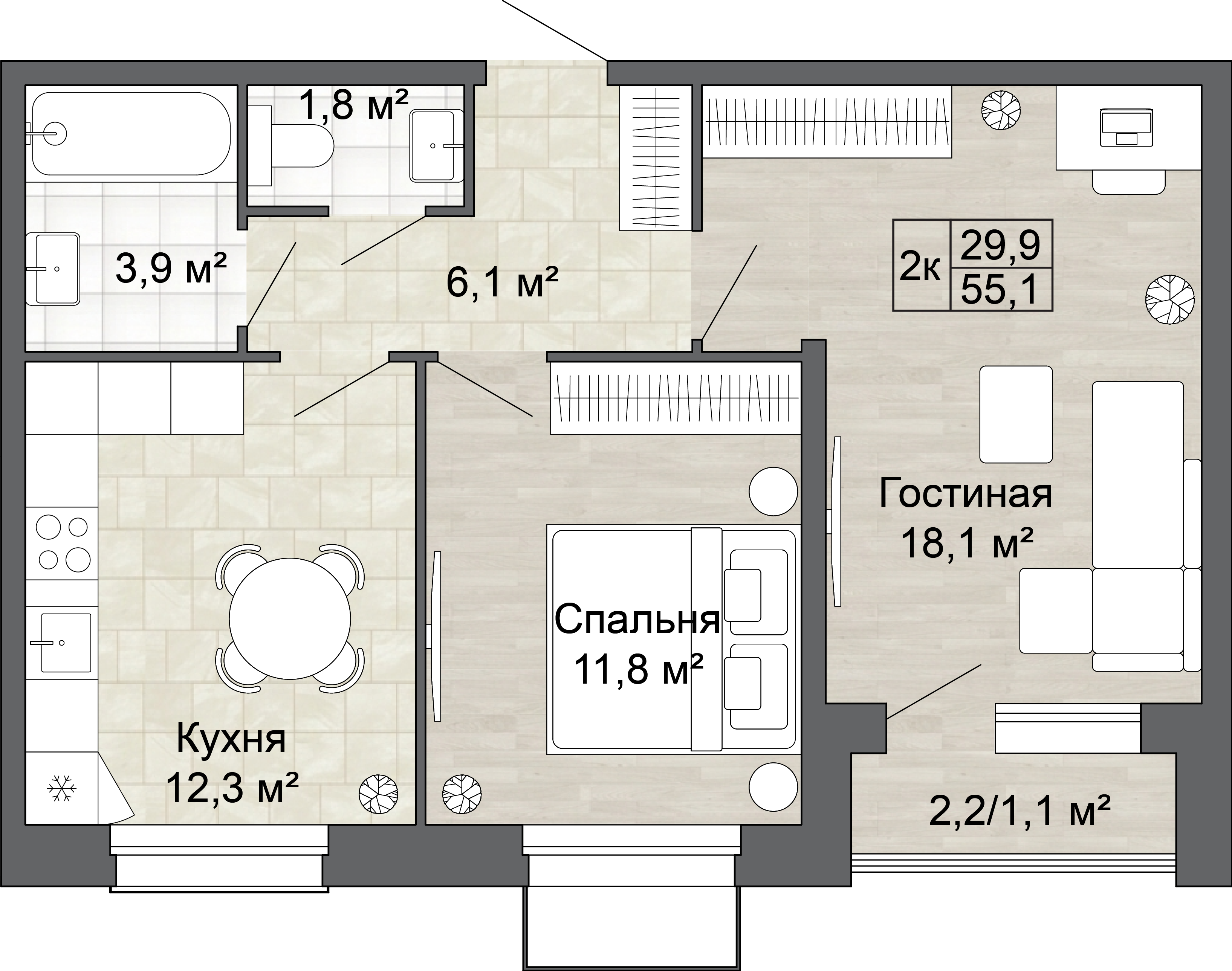 2-комнатная 55 м2 в ЖК Яблоневый Сад корпус null этаж 11