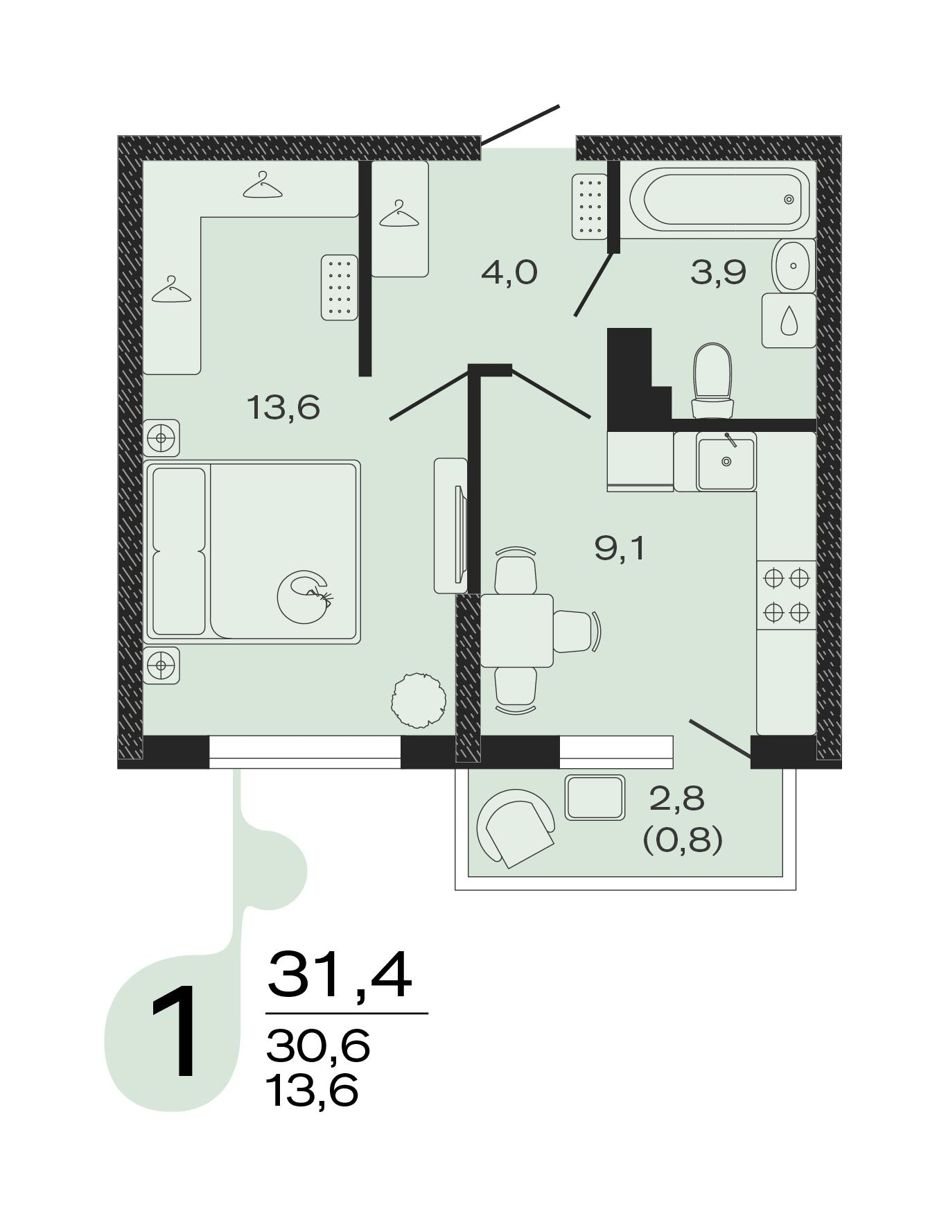 1-комнатная 31 м2 в ЖК ЭВО корпус null этаж 3