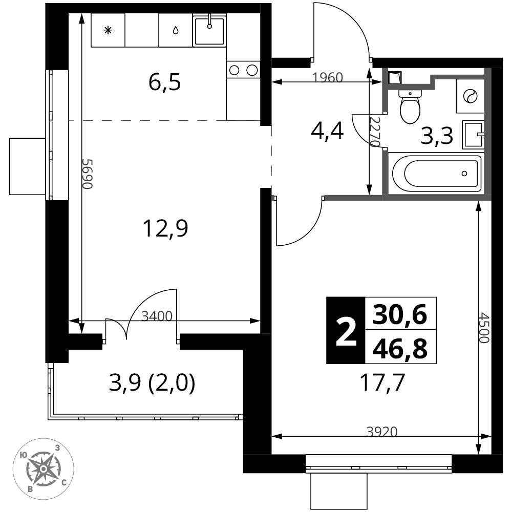 2-комнатная 46 м2 в ЖК 1-й Донской корпус null этаж 12