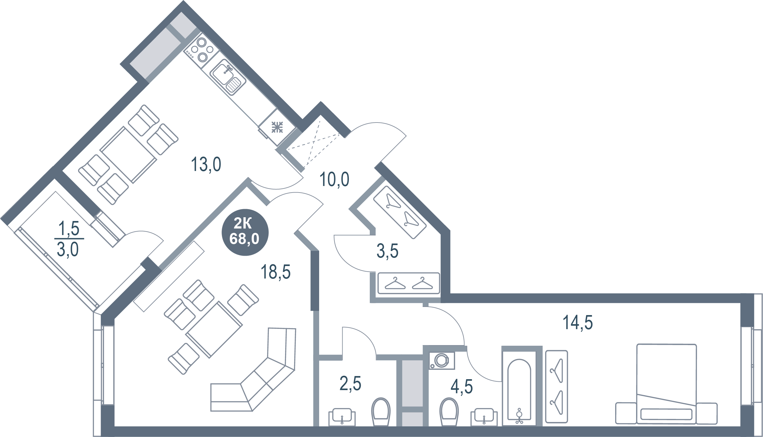 2-комнатная 68 м2 в ЖК Русич Котельники Парк корпус null этаж 9