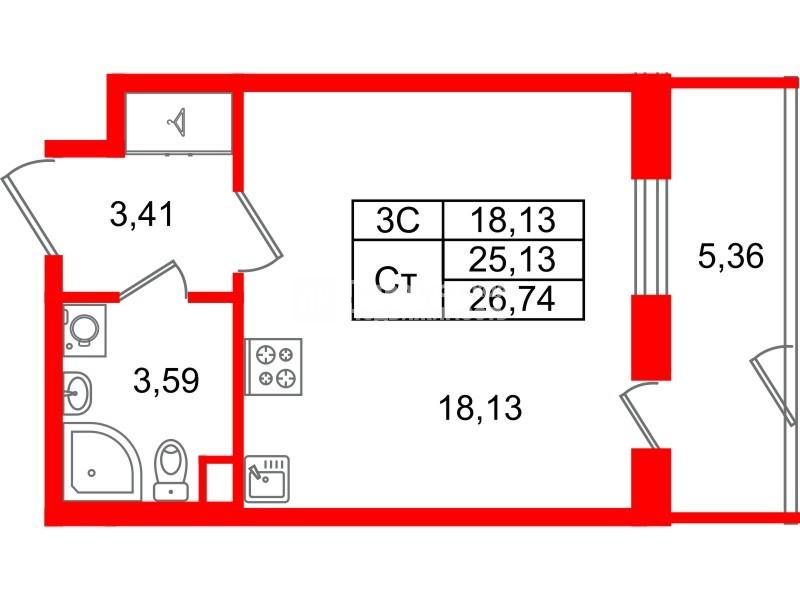 Студия 25 м2 в ЖК Парадный ансамбль корпус null этаж 1