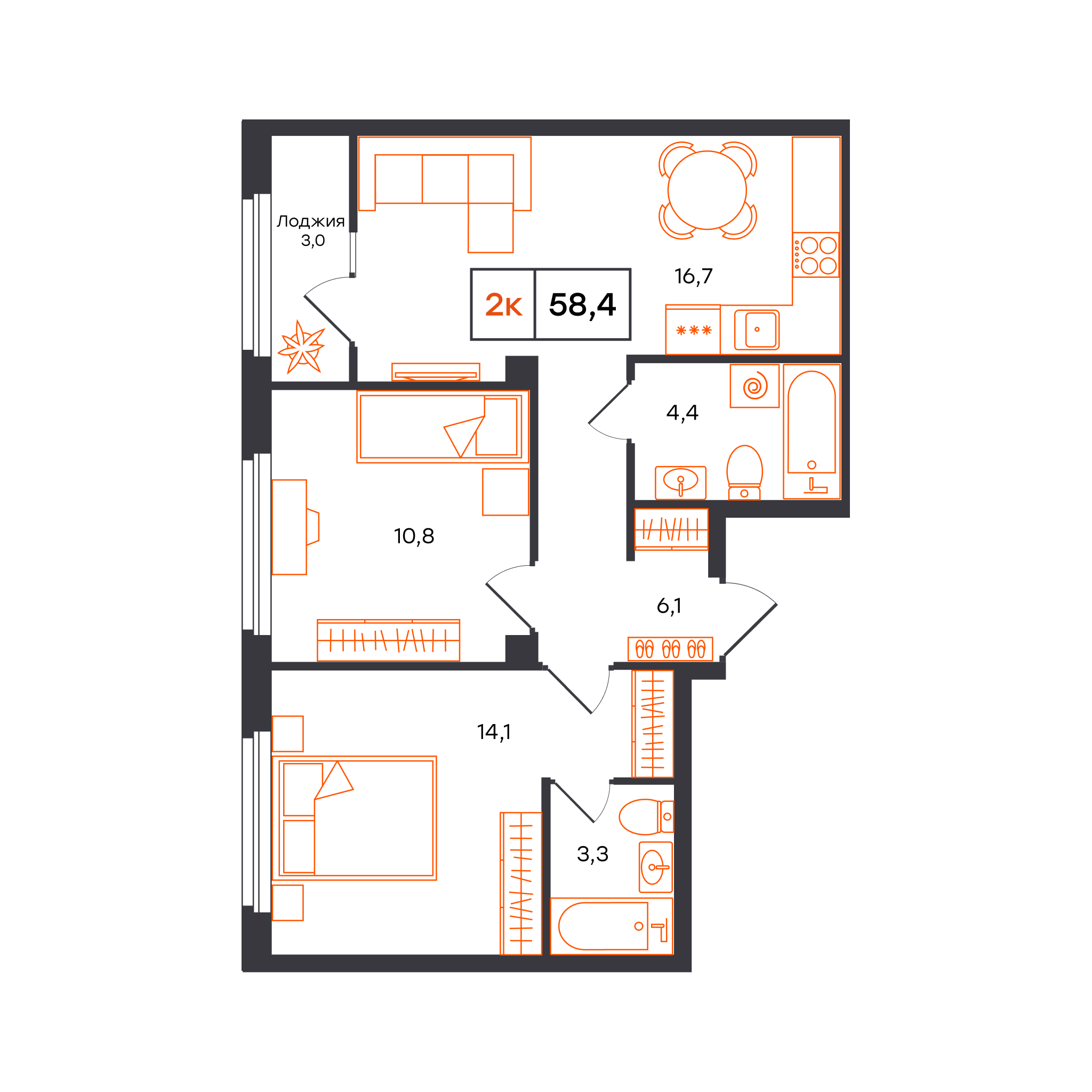 2-комнатная 58 м2 в ЖК Отличие корпус null этаж 5