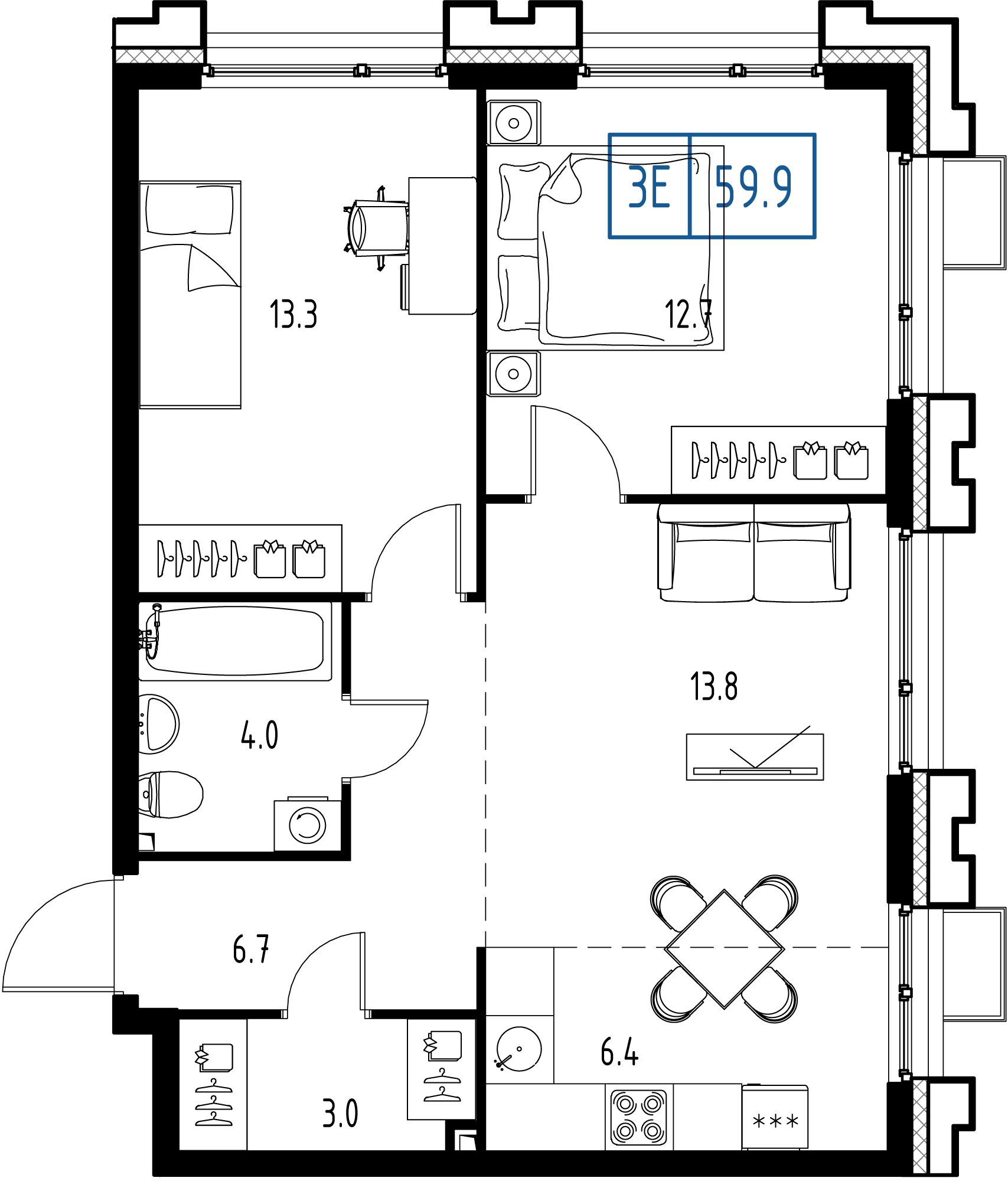 3-комнатная 59 м2 в ЖК Skolkovo One корпус null этаж 7