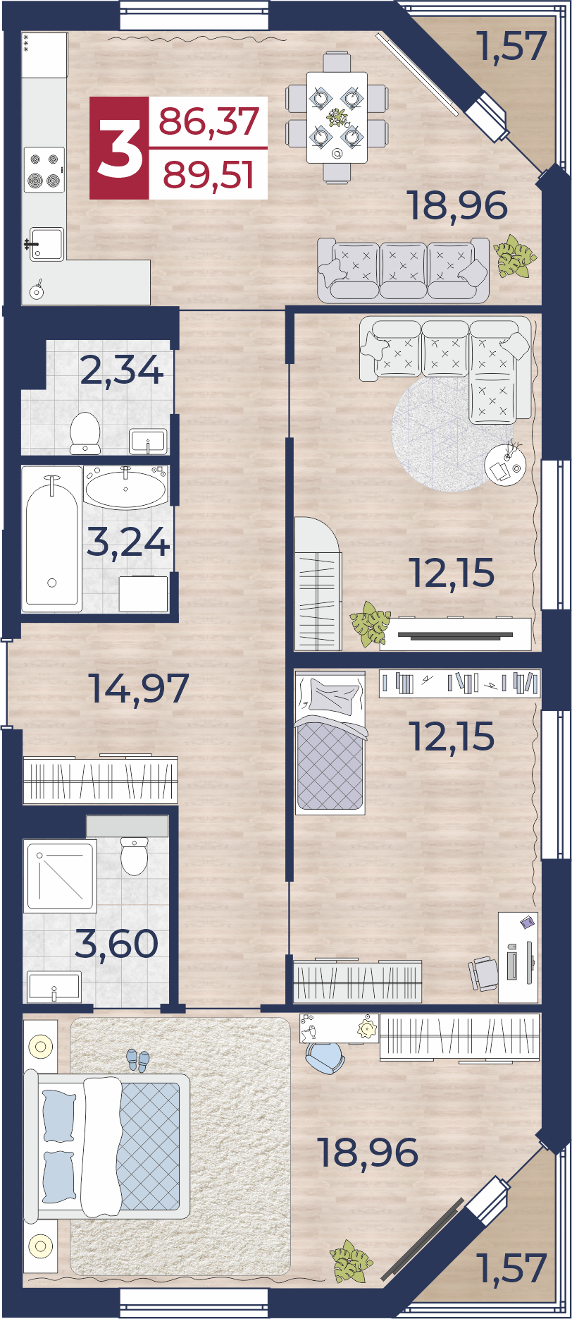 3-комнатная 89.5 м2 в ЖК undefined корпус null этаж 11