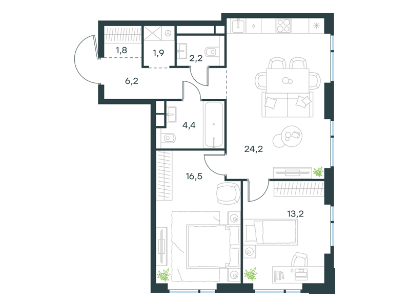 2-комнатная 70 м2 в ЖК Level Войковская корпус null этаж 9