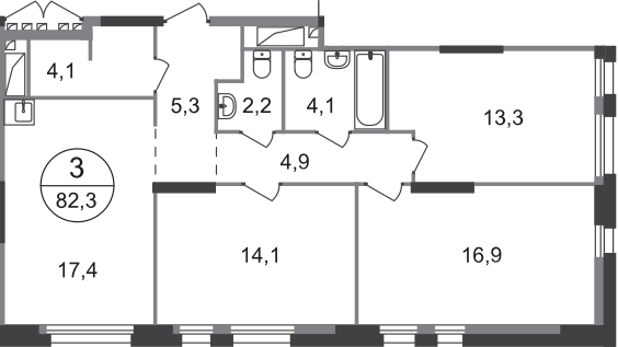 3-комнатная 82 м2 в ЖК Первый Московский корпус null этаж 8