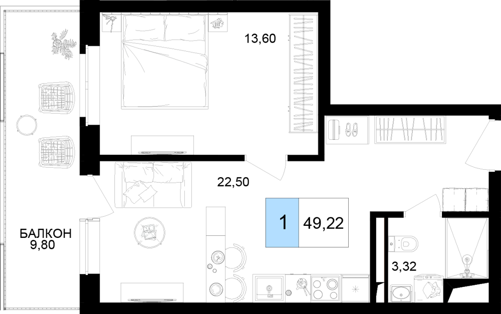 2-комнатная 49 м2 в ЖК Корсаков корпус null этаж 5