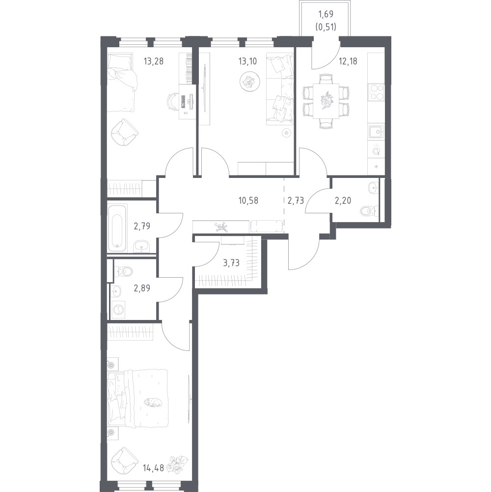 3-комнатная 78 м2 в ЖК Космический Квартал корпус null этаж 7