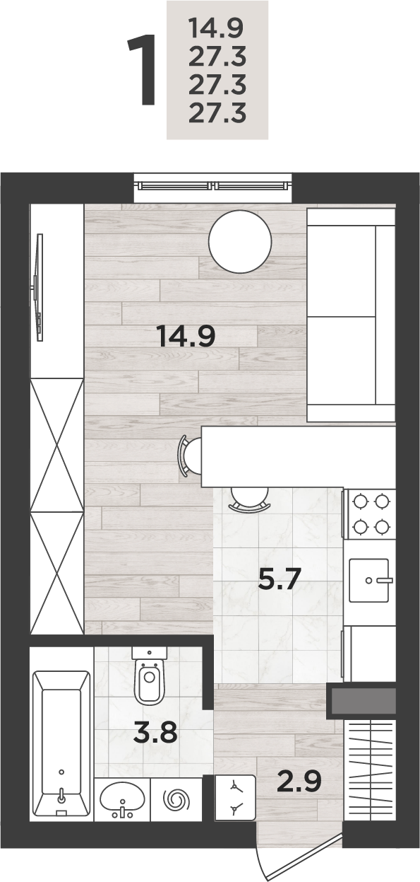 Студия 27 м2 в ЖК Альпенштадт корпус null этаж 1
