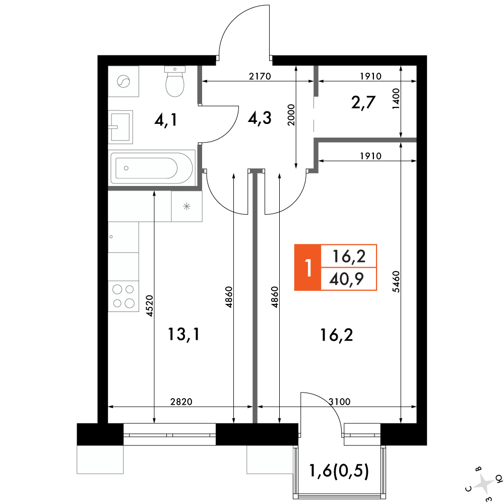 1-комнатная 40 м2 в ЖК Флагман корпус null этаж 8