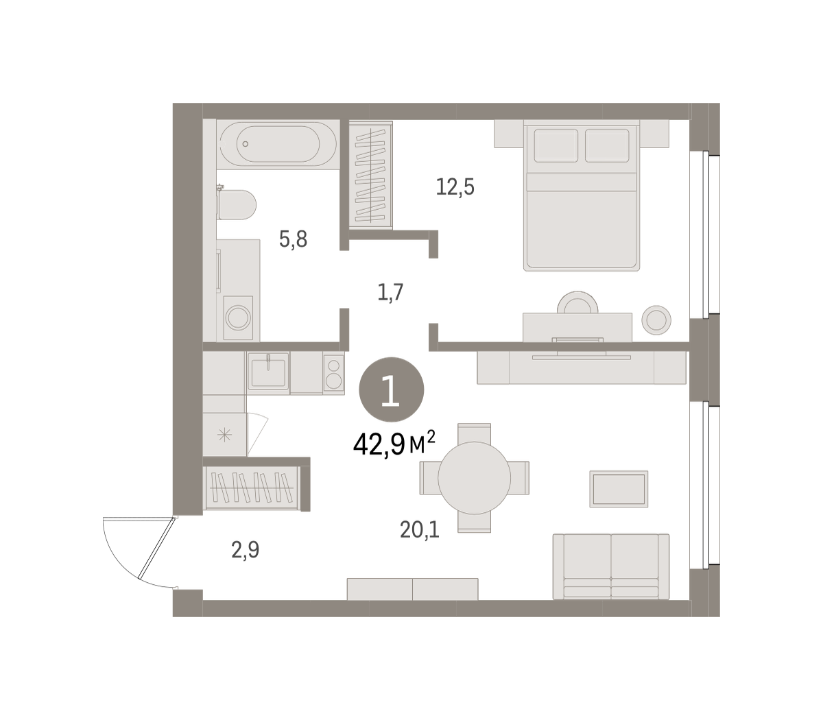 1-комнатная 42 м2 в ЖК Северный ветер корпус null этаж 8