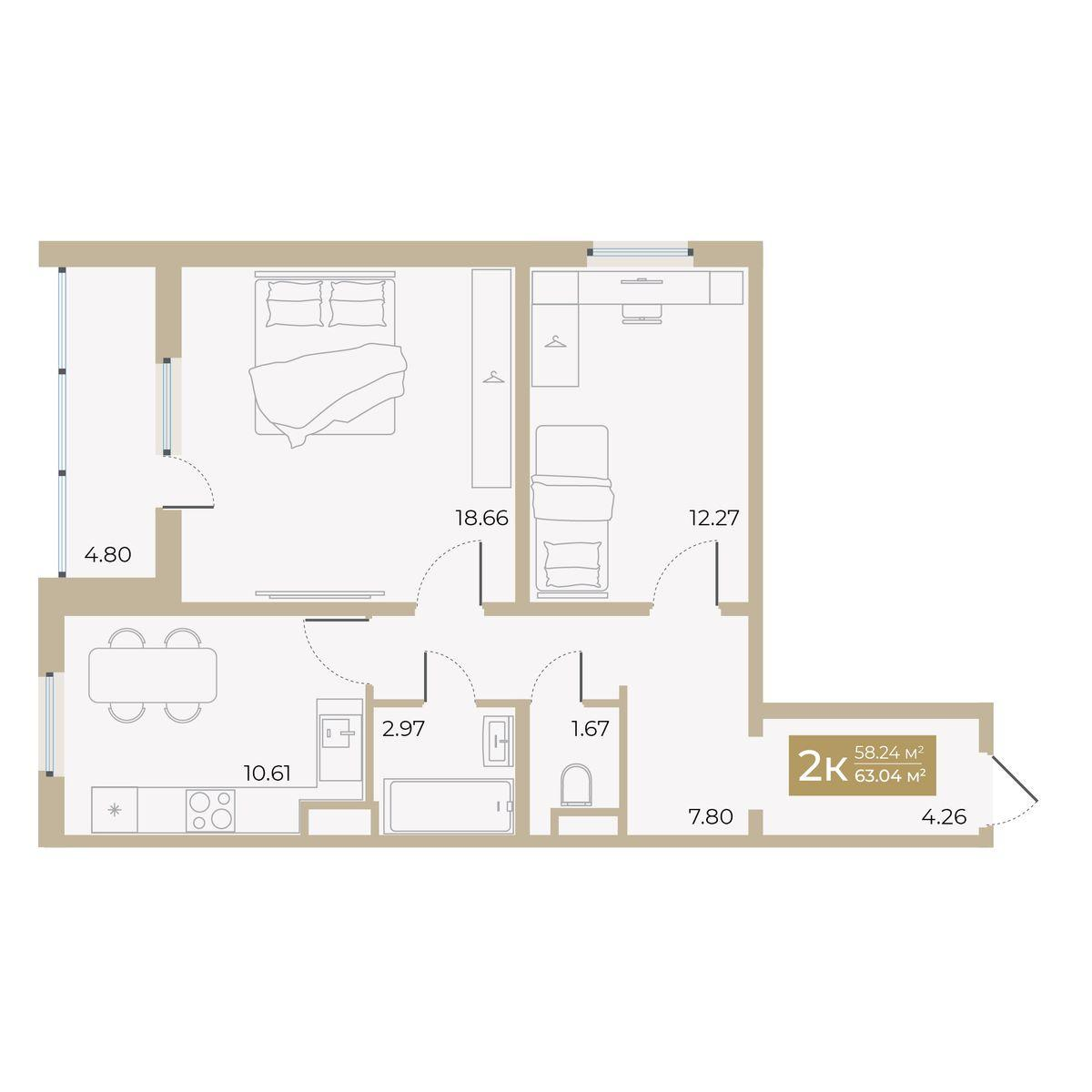 2-комнатная 58 м2 в ЖК Спутник-2 корпус null этаж 7