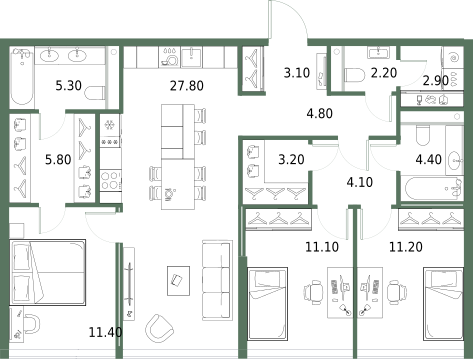 3-комнатная 97 м2 в ЖК Северный порт. Береговые кварталы корпус null этаж 3