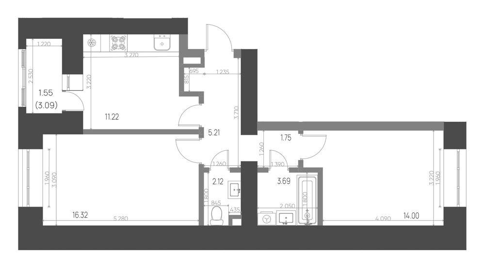 2-комнатная 55 м2 в ЖК Калина корпус null этаж 8