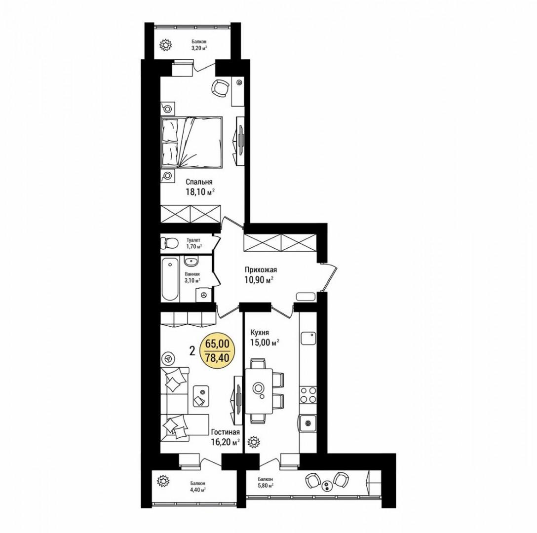 2-комнатная 78.4 м2 в ЖК undefined корпус null этаж 6