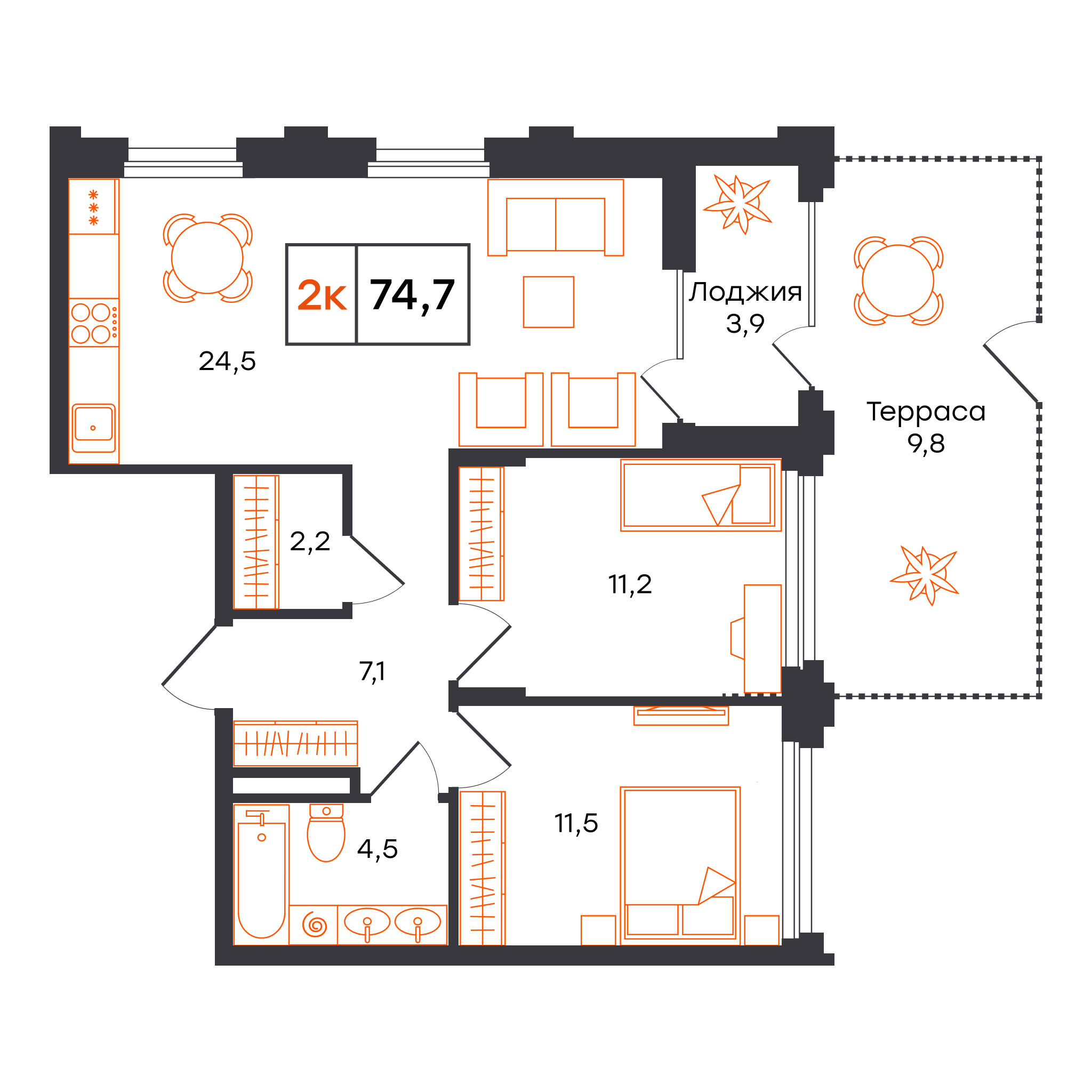 2-комнатная 74 м2 в ЖК Александровский корпус null этаж 1