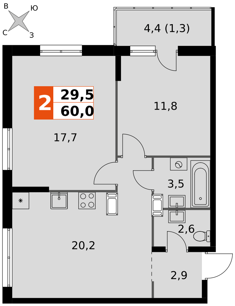 2-комнатная 60 м2 в ЖК Олимп (Обнинск) корпус null этаж 12