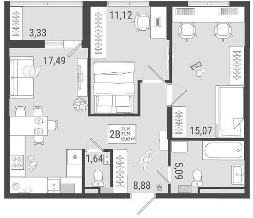 2-комнатная 60 м2 в ЖК Юго Западный корпус null этаж 7