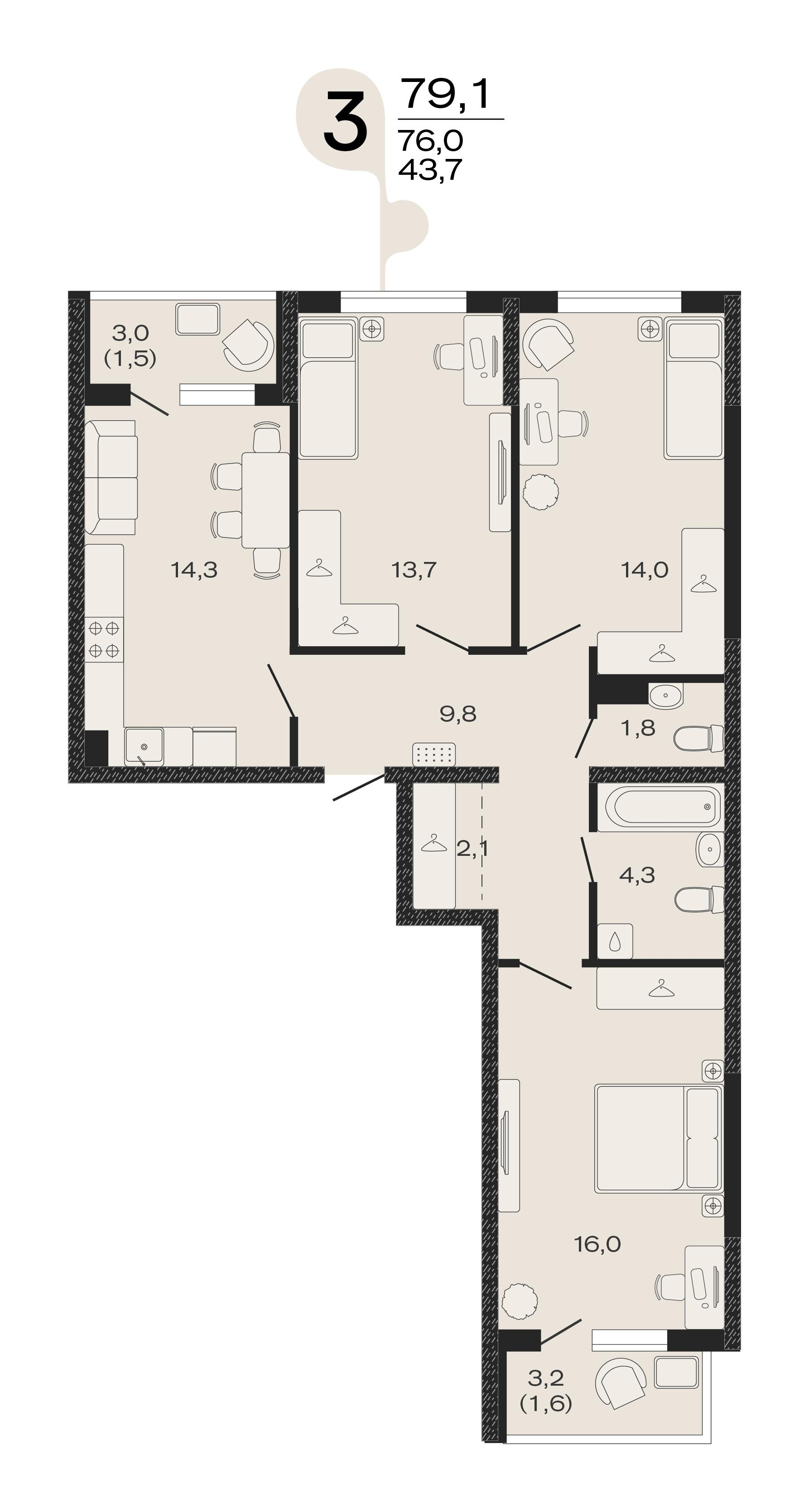 3-комнатная 79 м2 в ЖК ЭВО корпус null этаж 2