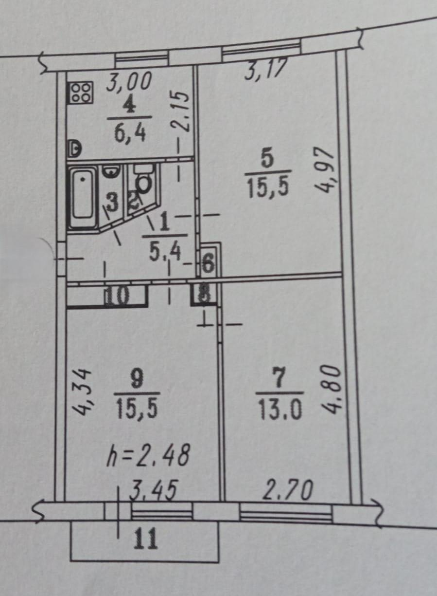 3-комнатная 60.2 м2 в ЖК undefined корпус null этаж 3
