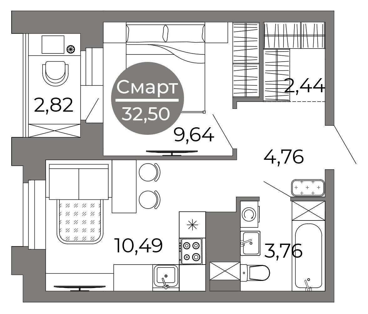1-комнатная 32 м2 в ЖК Галилей корпус null этаж 19