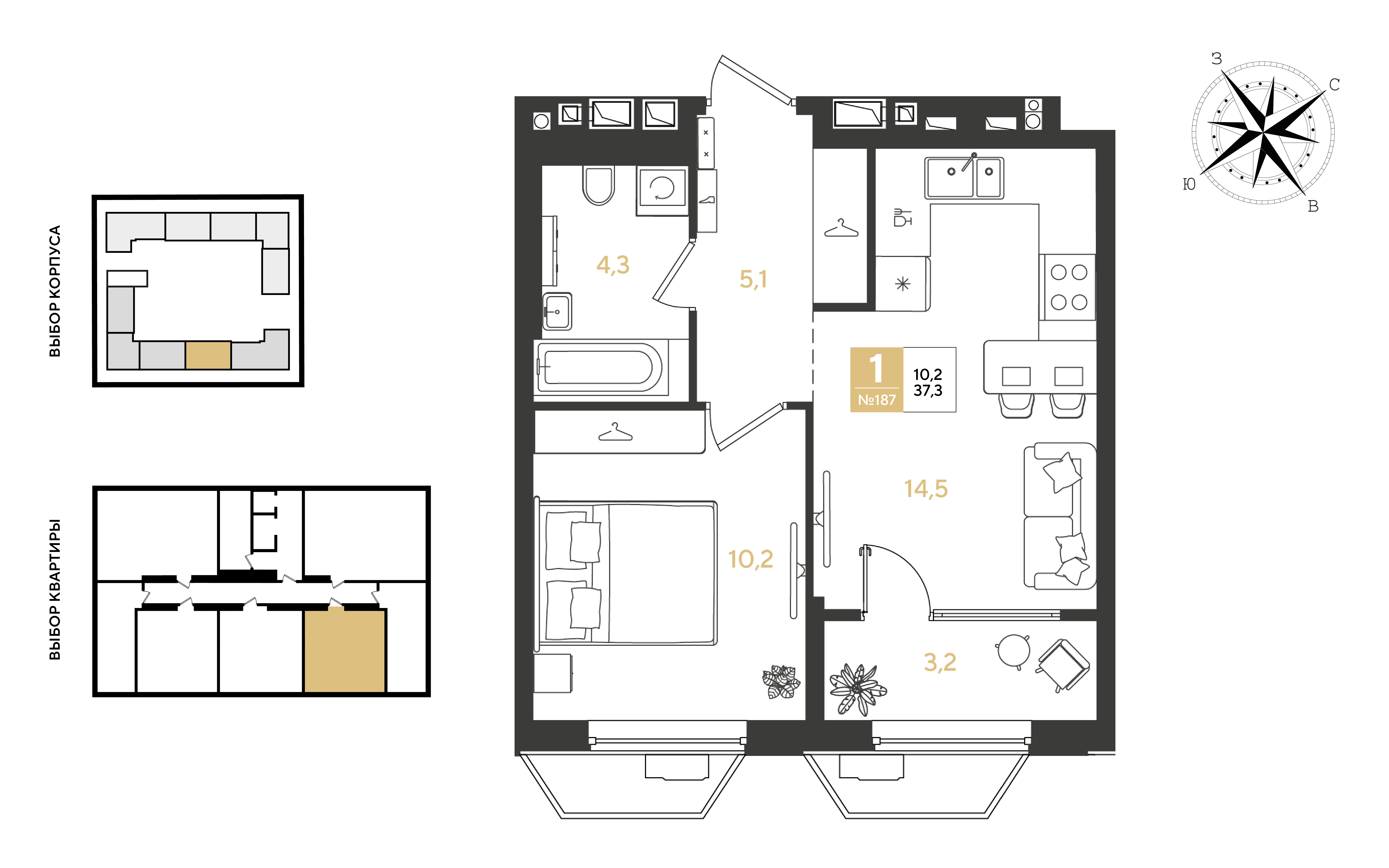 1-комнатная 37 м2 в ЖК Квартал Самолет корпус null этаж 4