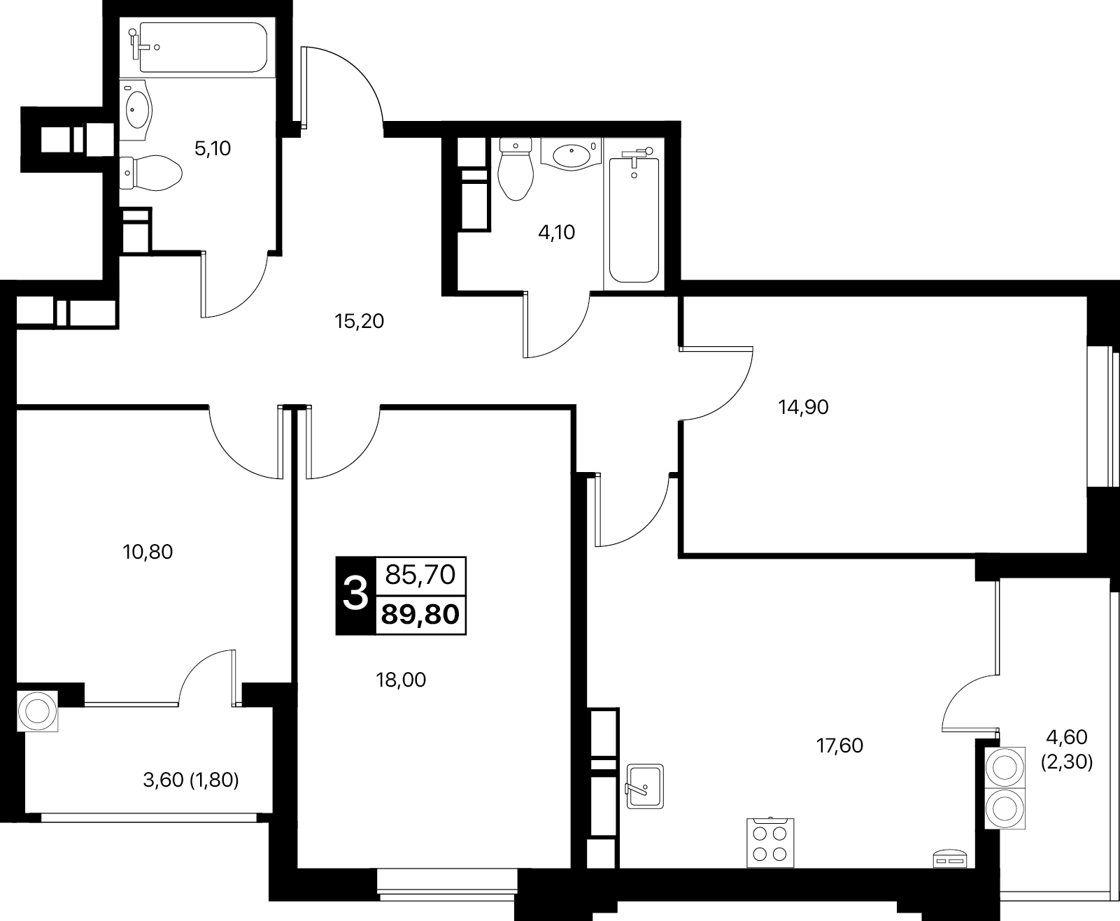3-комнатная 89 м2 в ЖК Эстет корпус null этаж 14