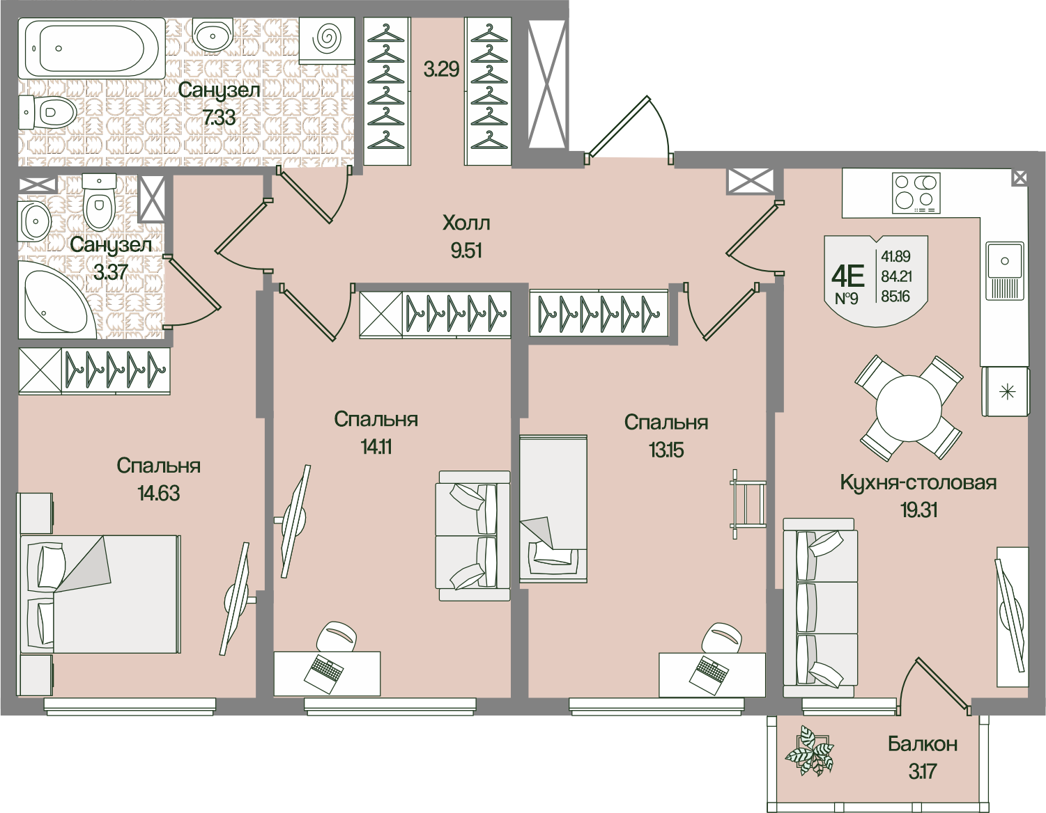 3-комнатная 85 м2 в ЖК Охтинские высоты корпус null этаж 3