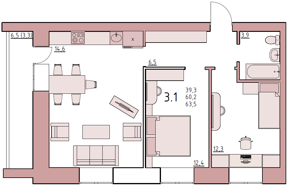 3-комнатная 63.5 м2 в ЖК undefined корпус null этаж 5