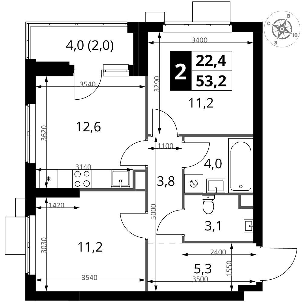 2-комнатная 53 м2 в ЖК 1-й Измайловский корпус null этаж 5