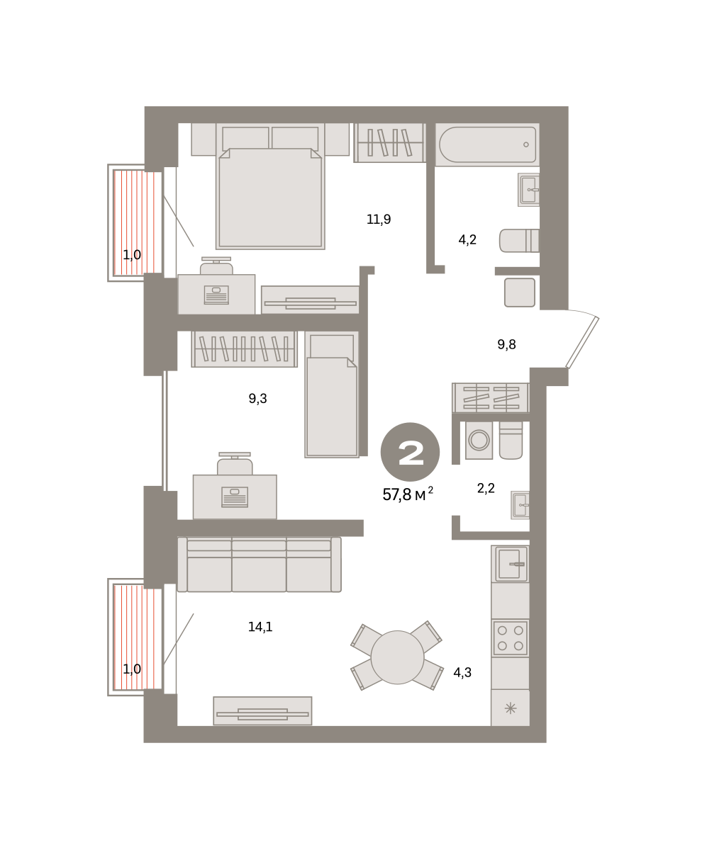 2-комнатная 57 м2 в ЖК Метроном корпус null этаж 15