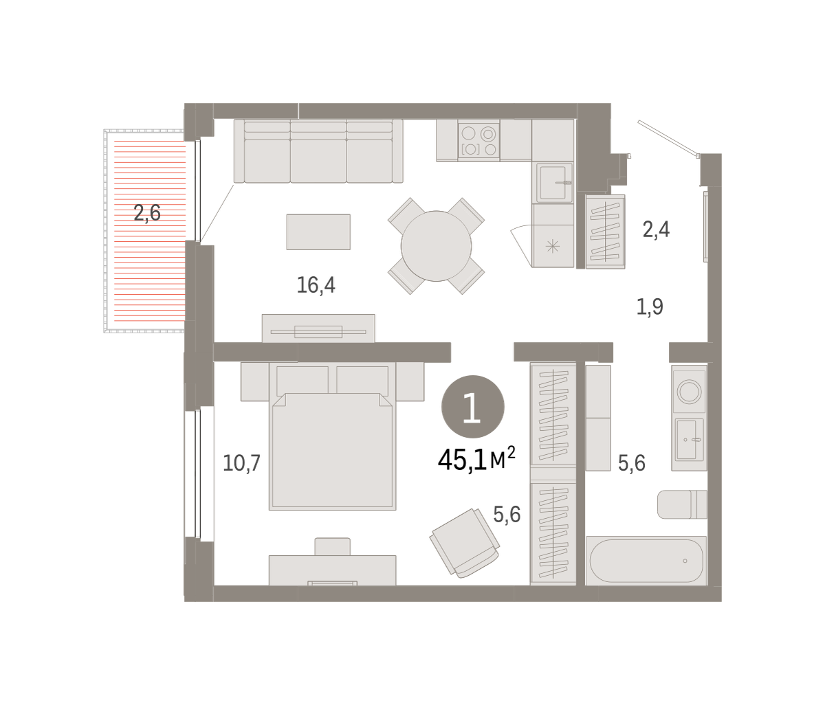 1-комнатная 45 м2 в ЖК Зарека корпус null этаж 3