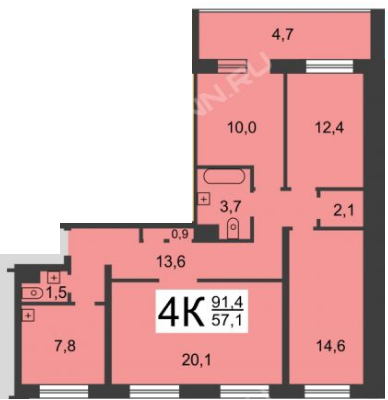 4-комнатная 91.4 м2 в ЖК undefined корпус null этаж 6
