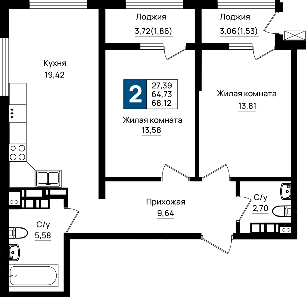 2-комнатная 68 м2 в ЖК Резиденция морей корпус null этаж 12