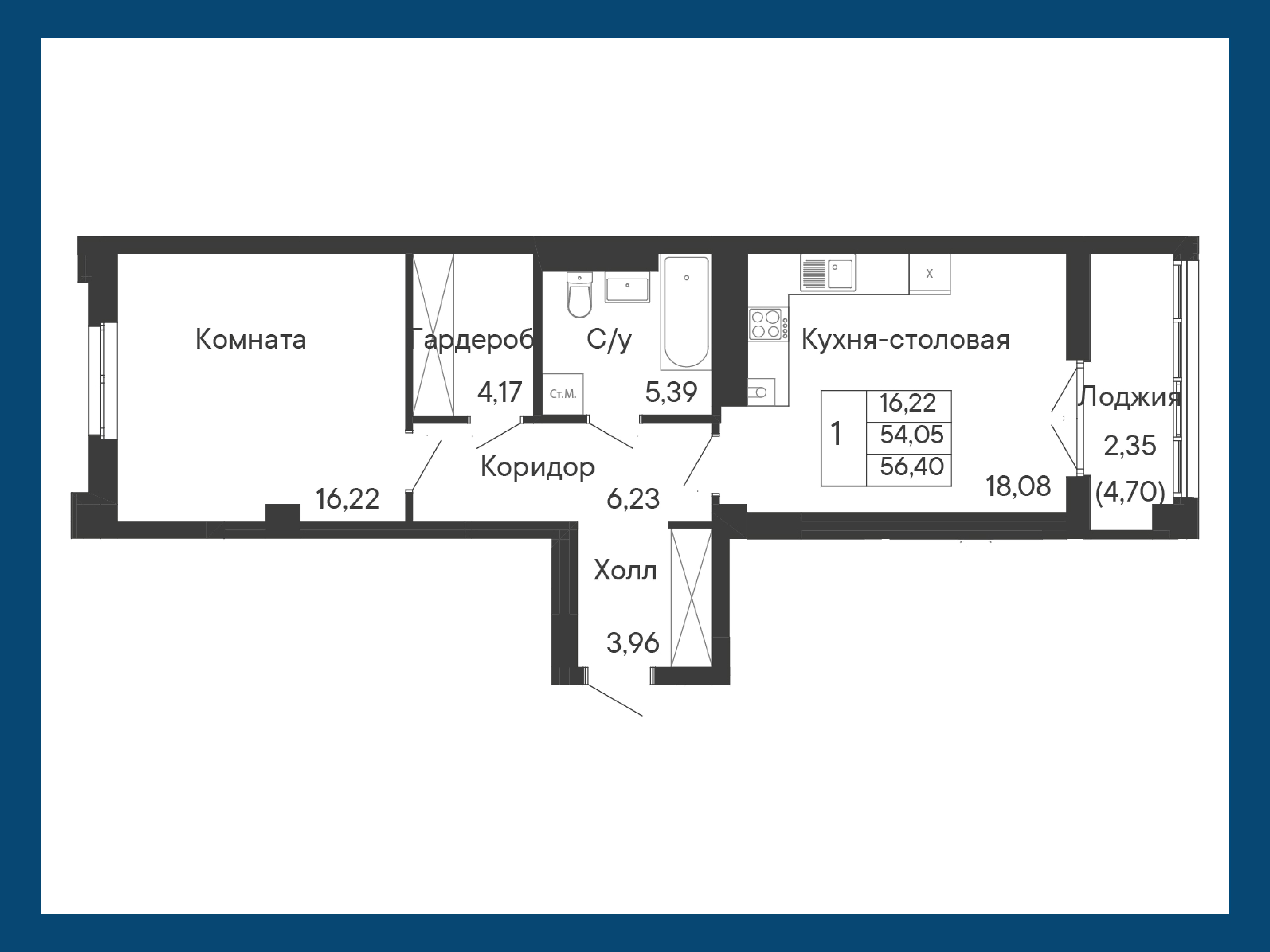 1-комнатная 56 м2 в ЖК Курортный квартал «Ривьера» корпус null этаж 3