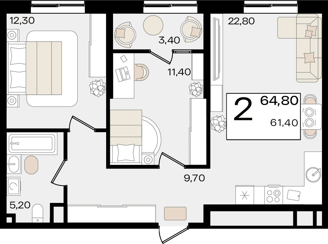 2-комнатная 64 м2 в ЖК Патрики корпус null этаж 7