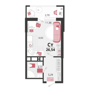 Студия 26.5 м2 в ЖК undefined корпус null этаж 2