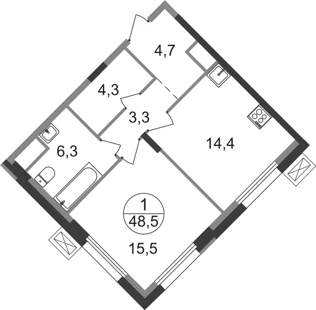 1-комнатная 48 м2 в ЖК Резиденции Сколково корпус null этаж 4