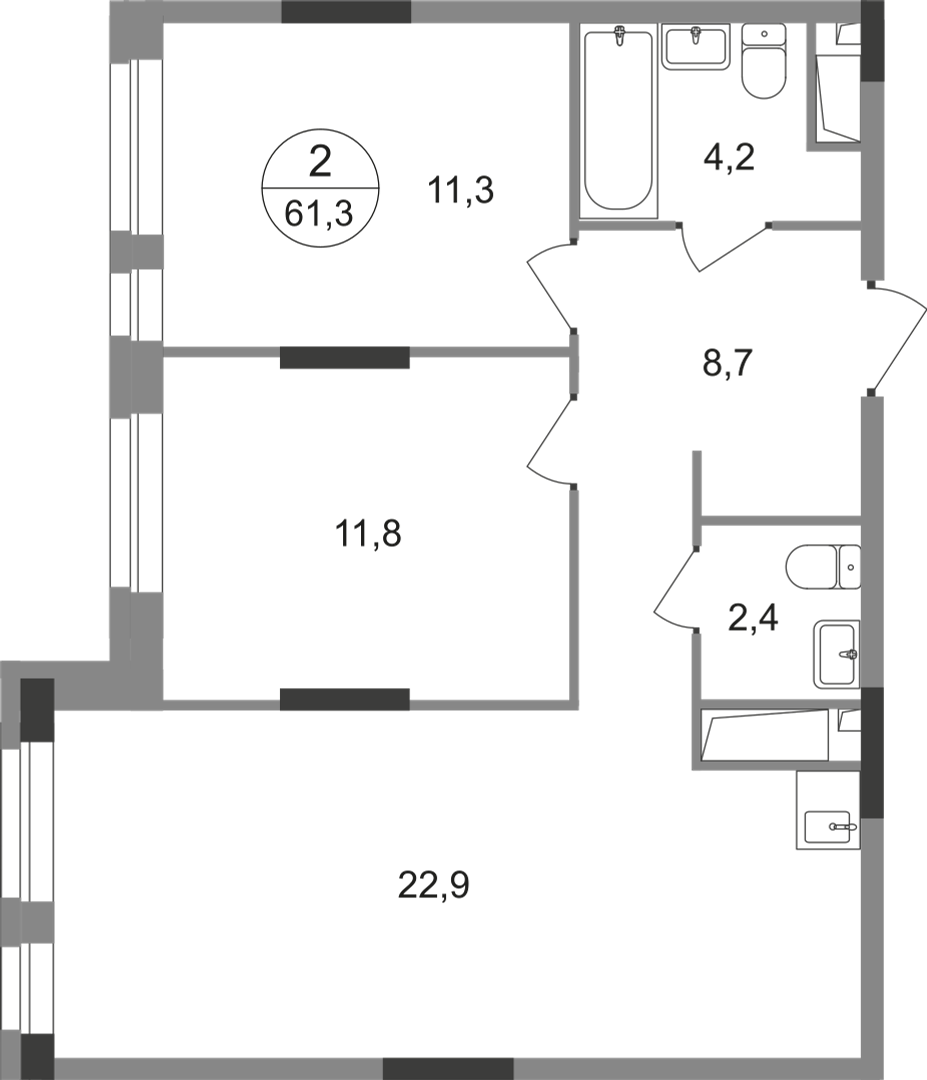 2-комнатная 61 м2 в ЖК Первый Московский корпус null этаж 14