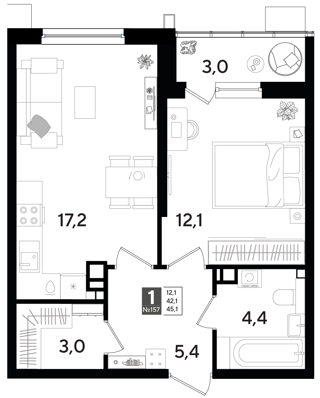1-комнатная 45 м2 в ЖК Dogma Park корпус null этаж 9